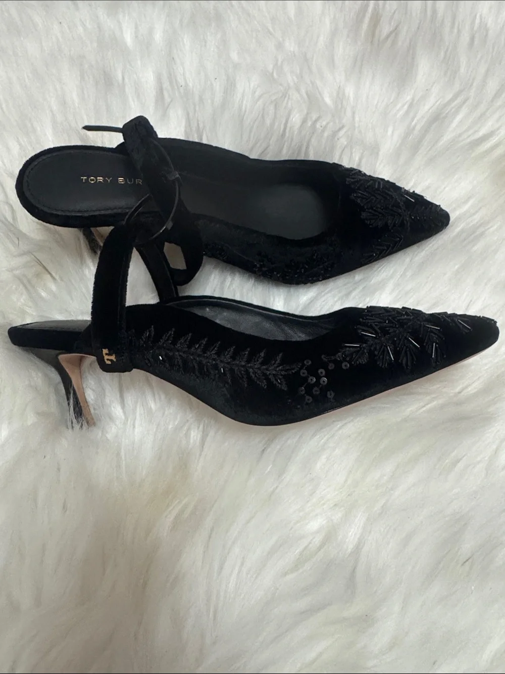 Tory Burch Black Velvet Pointed Slingback Heels with Bead Detail